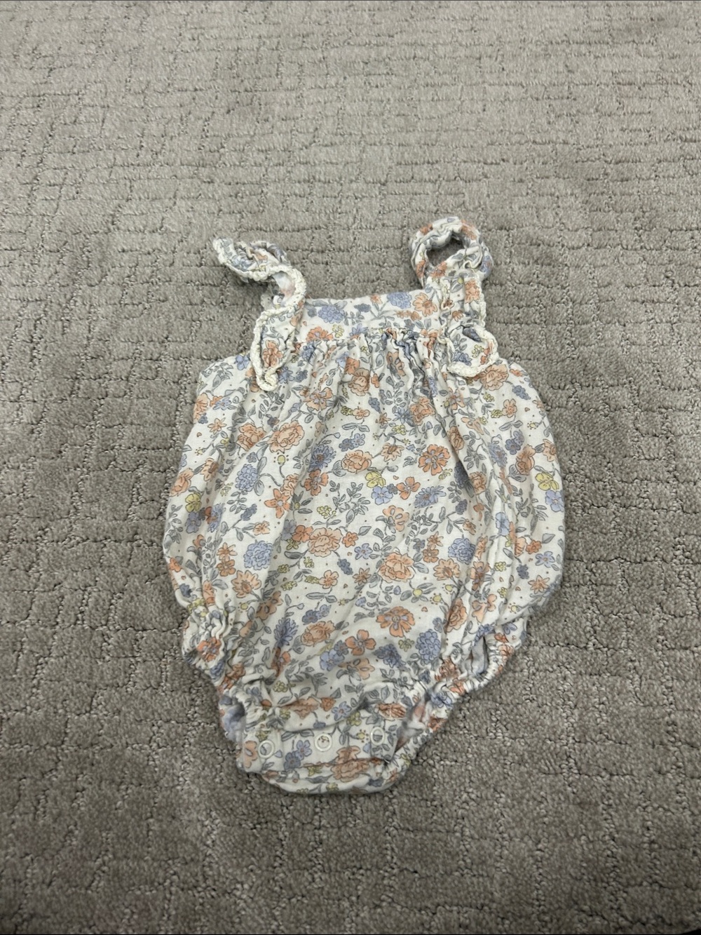Rylee + Cru Floral Ruffle Bubble Romper in Peach, Blue & Cream